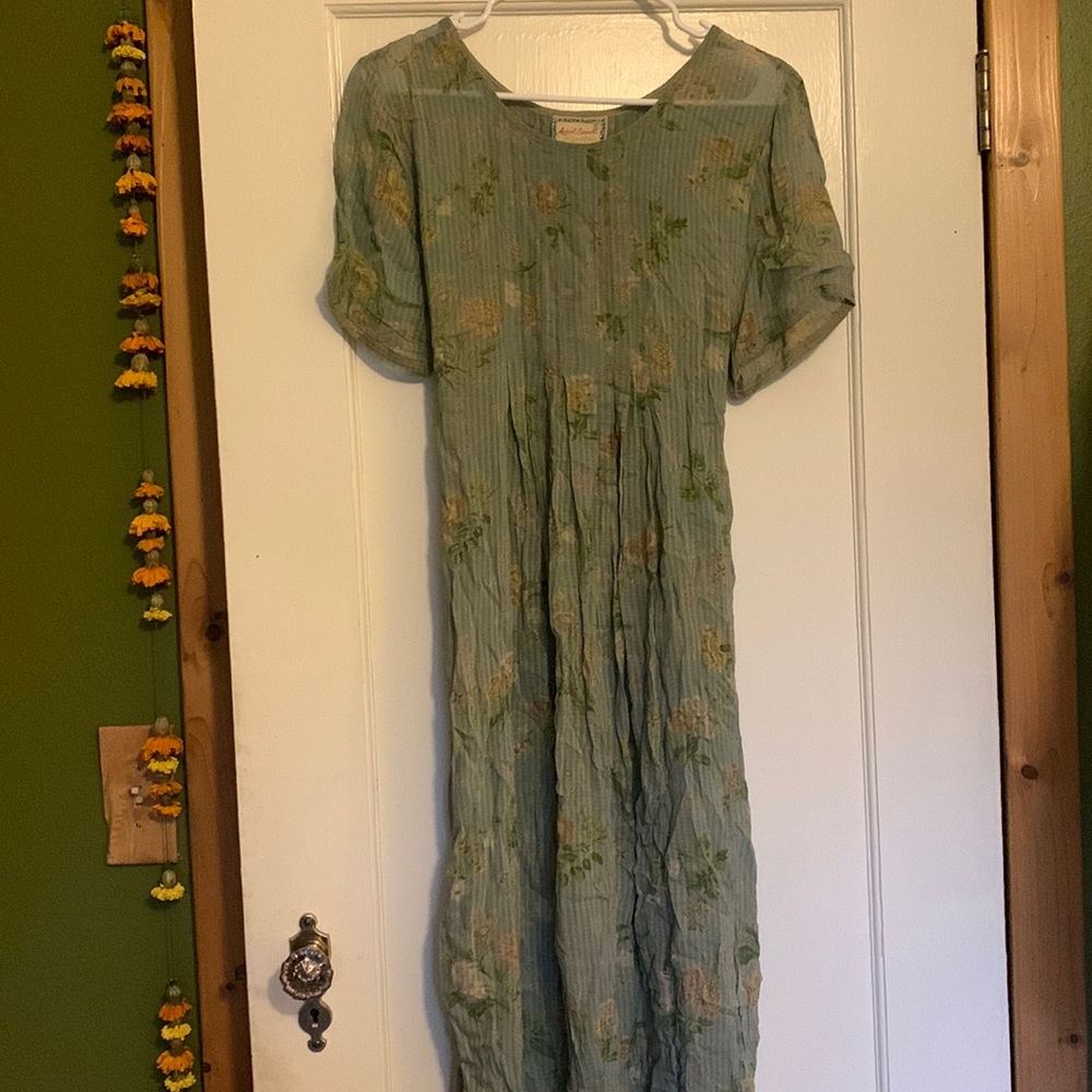 Vintage April Cornell rayon blue floral sheer dress, size medium